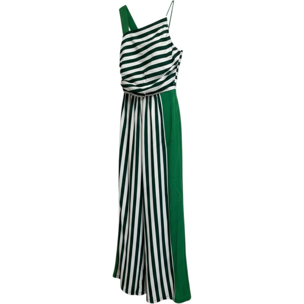 Green and White Striped One Shoulder Wide Leg Jumpsuit Size S